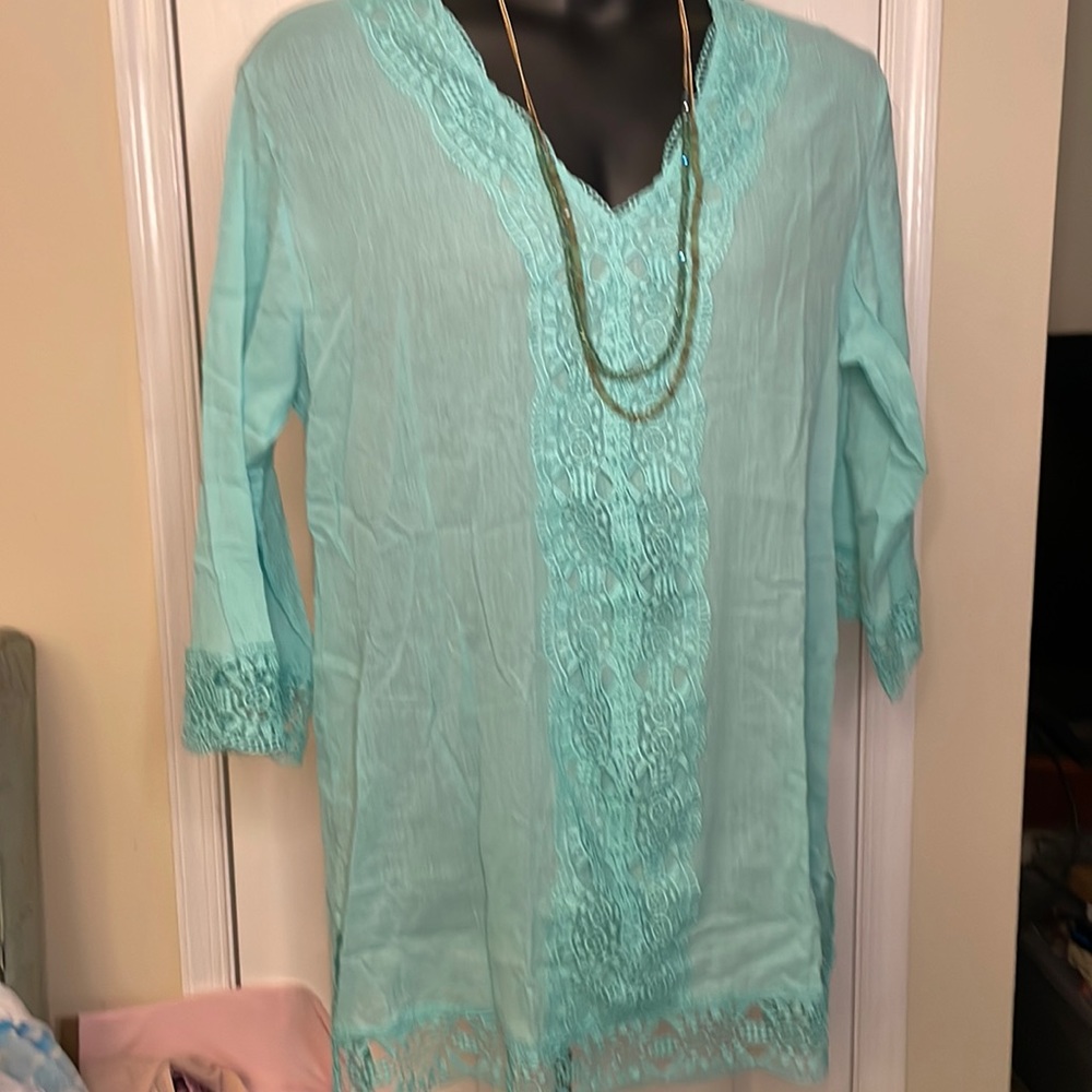 Isaac Mizrahi Aqua Cotton Crochet Lace Front Tunic L